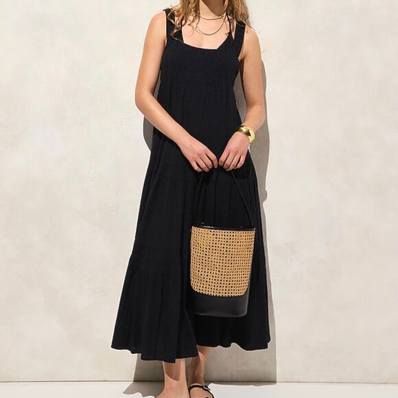 J.Crew Airy Gauze Tiered Maxi Dress Casual Witchy Flowy Vacation CI269 Black L - Picture 1 of 15